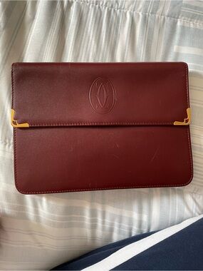 Cartier Burgundy Leather Document Clutch with Gold Corner Accents